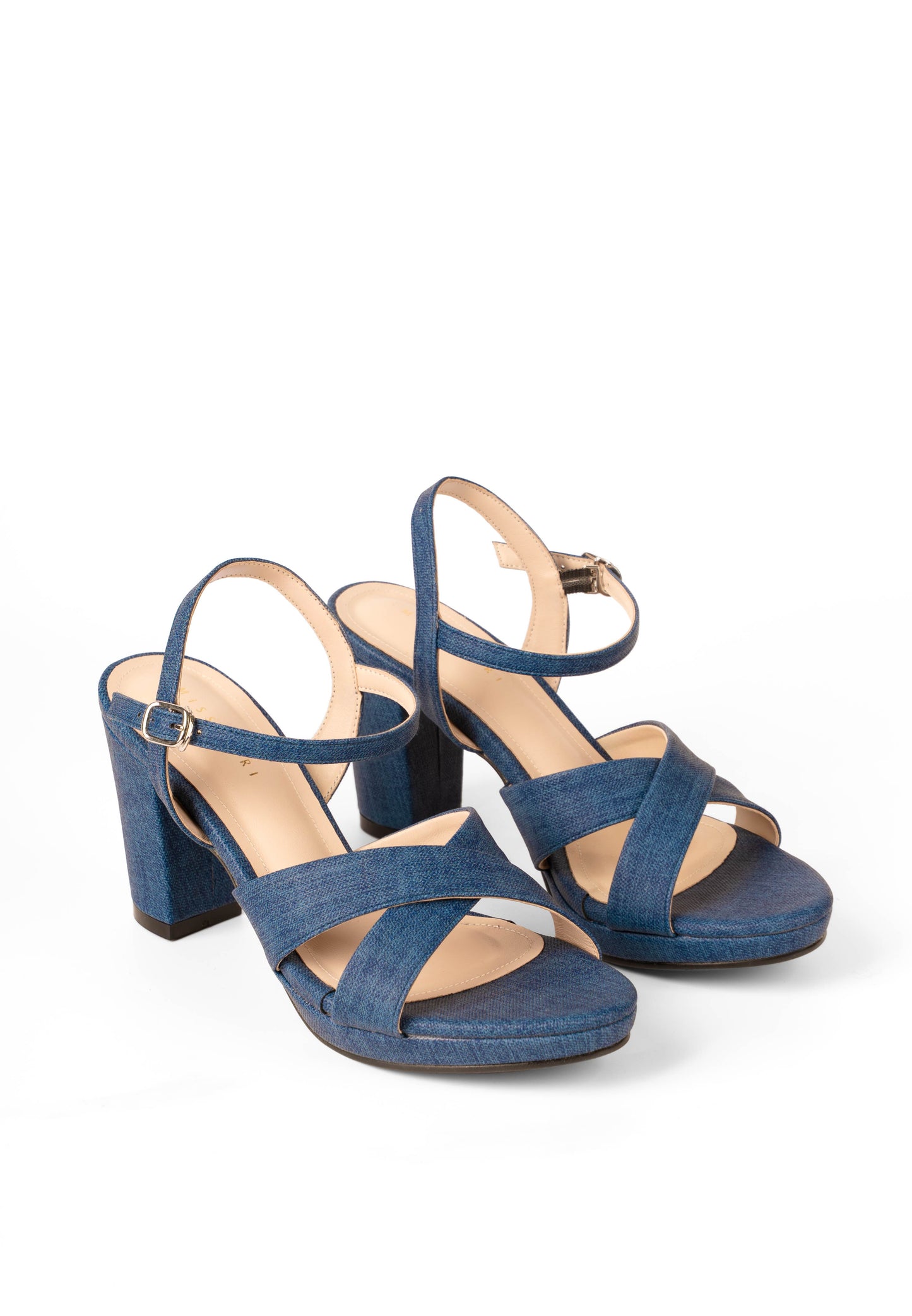 Denim Cross Strap Heels by Miss Suri