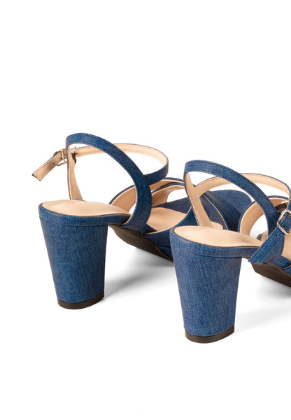 Denim Cross Strap Heels by Miss Suri