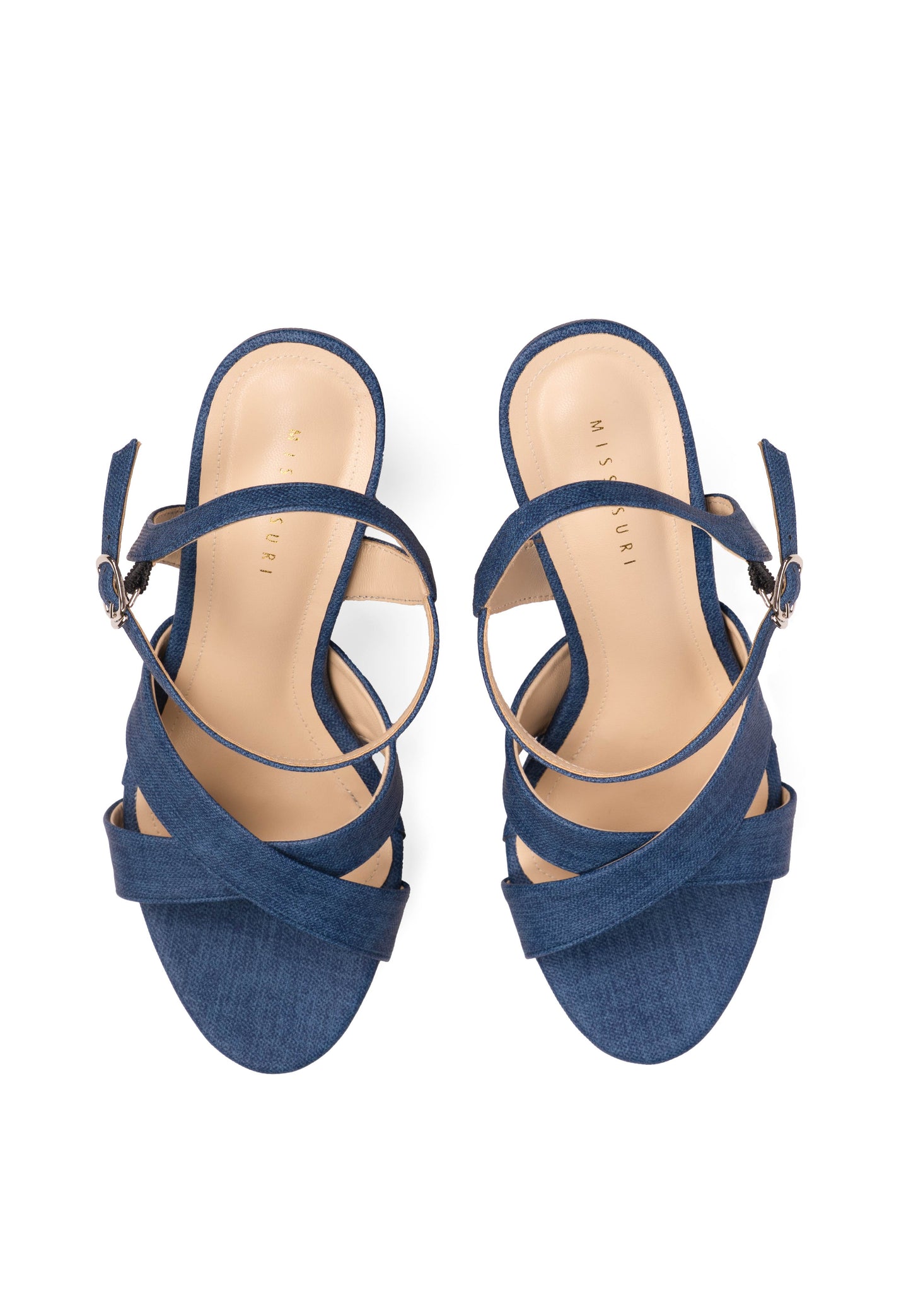 Denim Cross Strap Heels by Miss Suri