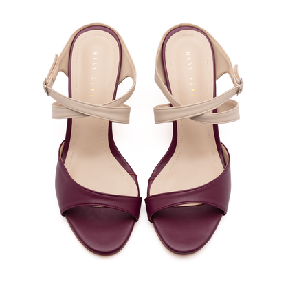 Dual Tone Strap Heels by Miss Suri - Maroon/Nude